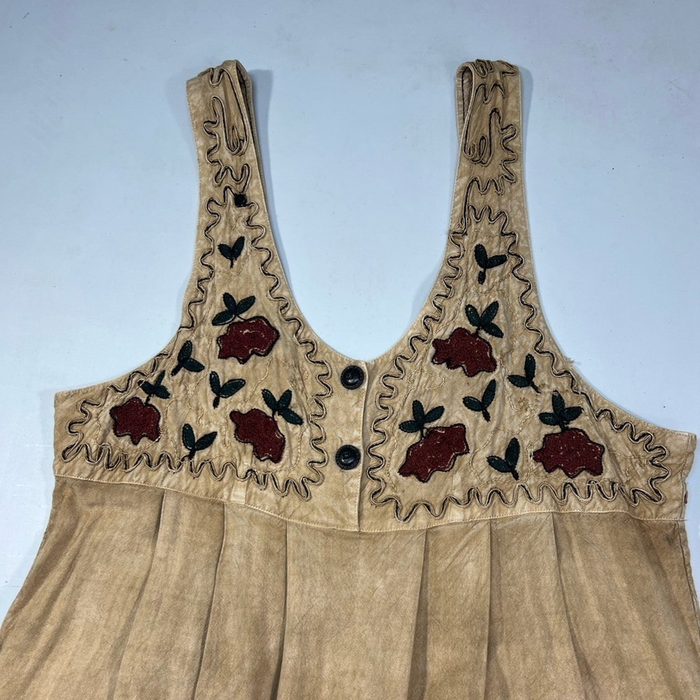 Vintage Boho Embroidered Applique Beige Floral Jumper Maxi Dress Womens size XL - Picture 4 of 8